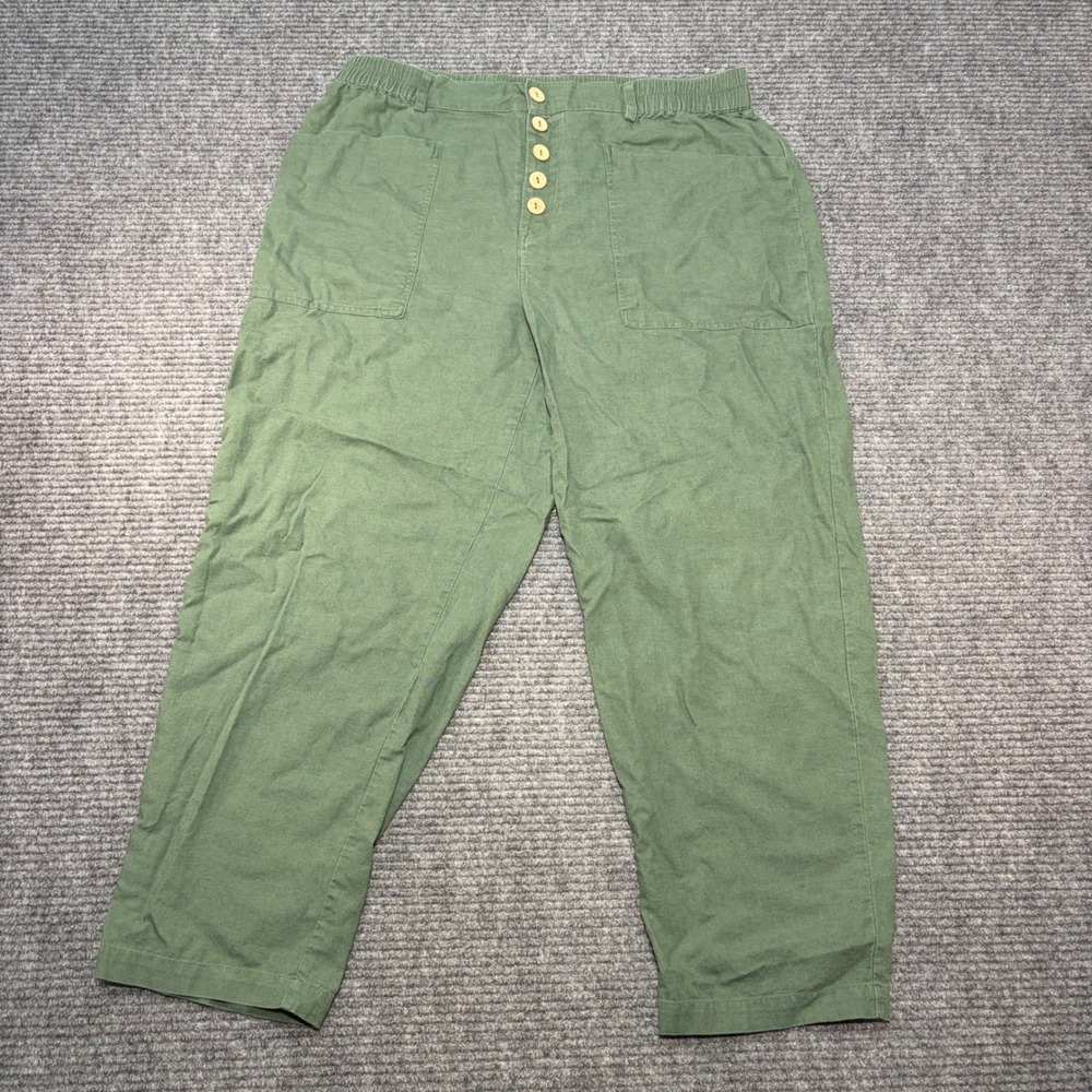 Lintico Women XL Olive Green Linen Cotton Blend Button Fly Elastic Waist Pants